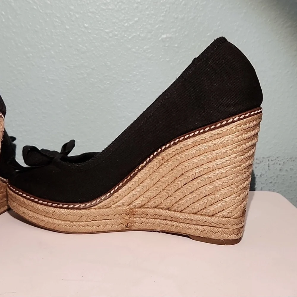 Tory Burch Black Canvas Jackie Bow Espadrille Wedge Pumps